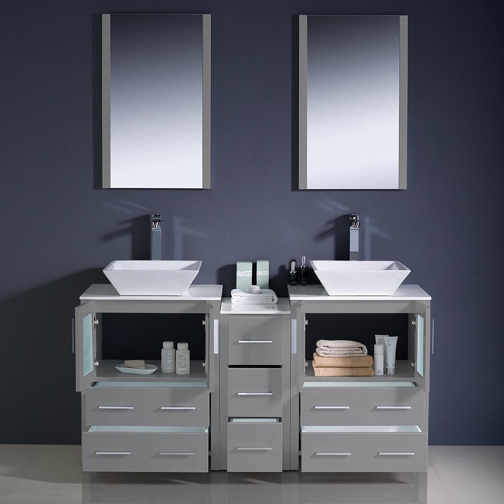 Fresca Torino 60" Gray Modern Double Sink Bathroom Vanity w/ Side Cabinet & Vessel Sinks