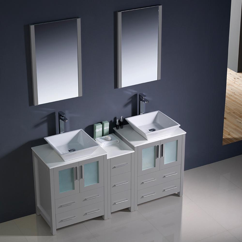 Fresca Torino 60" Gray Modern Double Sink Bathroom Vanity w/ Side Cabinet & Vessel Sinks