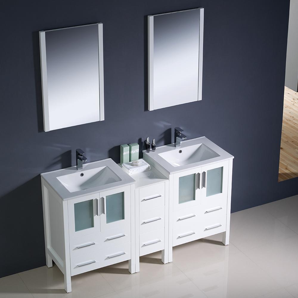 Fresca Torino 60" White Modern Double Sink Bathroom Vanity w/ Side Cabinet & Integrated Sinks