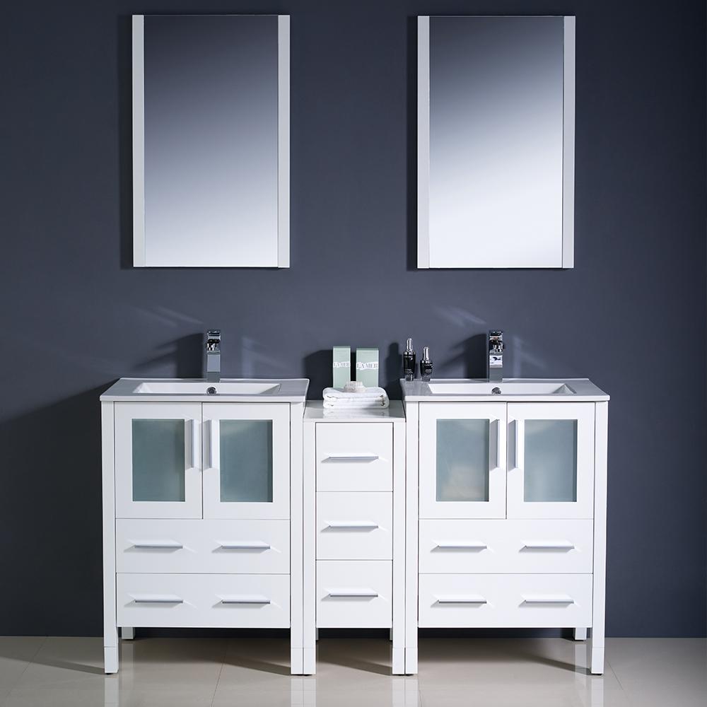 Fresca Torino 60" White Modern Double Sink Bathroom Vanity w/ Side Cabinet & Integrated Sinks