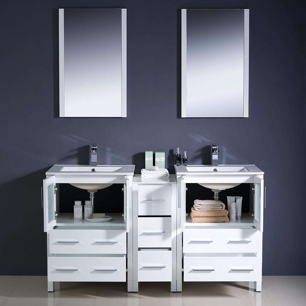 Fresca Torino 60" White Modern Double Sink Bathroom Vanity w/ Side Cabinet & Integrated Sinks