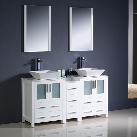 Fresca-Torino-60"-White-Modern-Double-Sink-Bathroom-Vanity-w/-Side-Cabinet-&-Vessel-Sinks-(FVN62-241224WH-VSL)