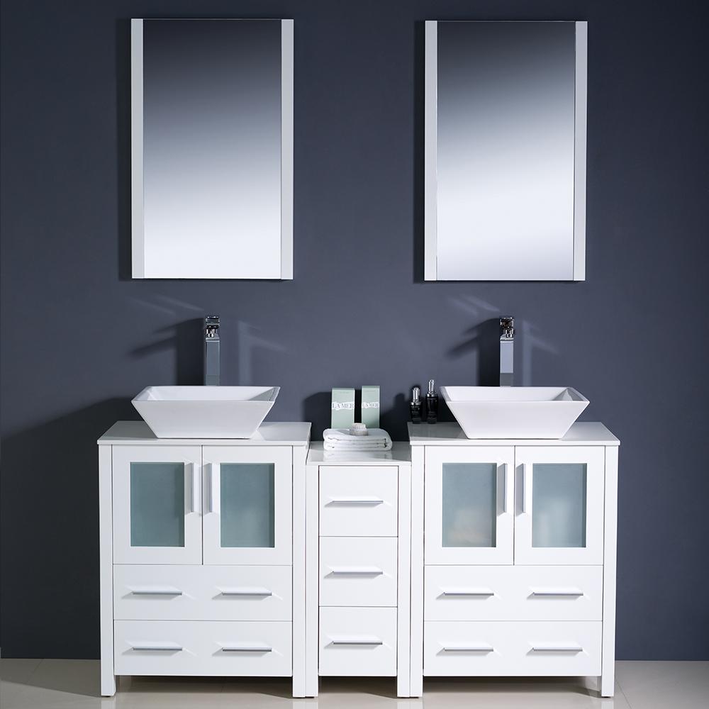 Fresca Torino 60" White Modern Double Sink Bathroom Vanity w/ Side Cabinet & Vessel Sinks