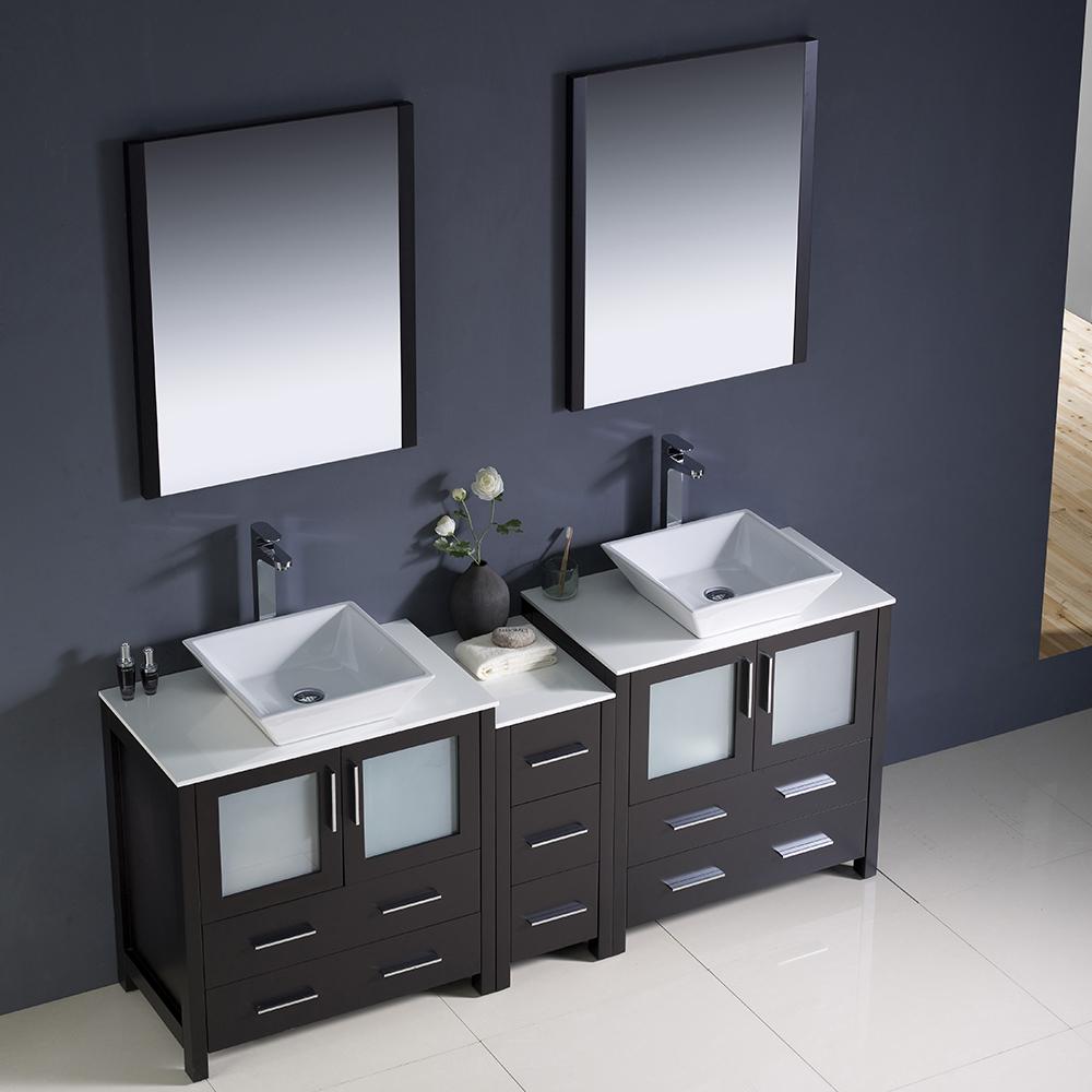 Fresca Torino 72" Espresso Modern Double Sink Bathroom Vanity w/ Side Cabinet & Vessel Sinks