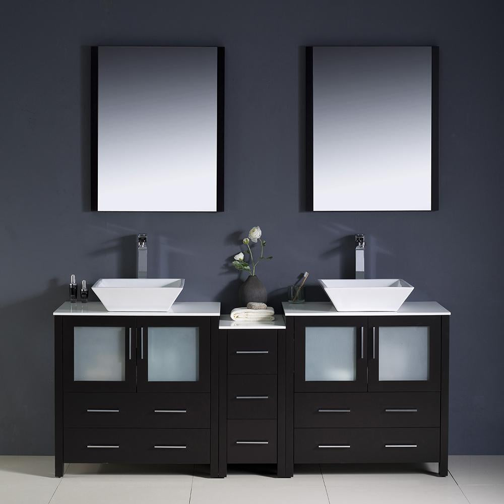 Fresca Torino 72" Espresso Modern Double Sink Bathroom Vanity w/ Side Cabinet & Vessel Sinks