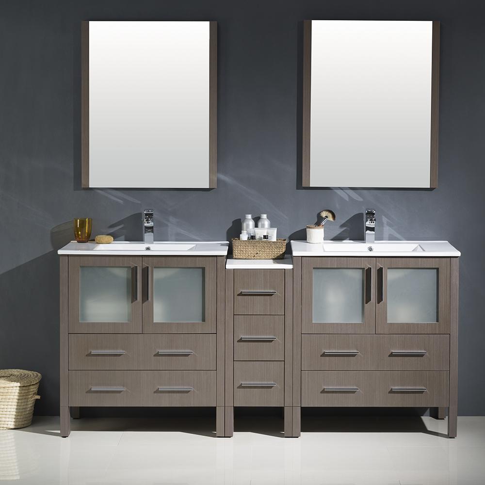 Fresca Torino 72" Gray Oak Modern Double Sink Bathroom Vanity w/ Side Cabinet & Integrated Sinks