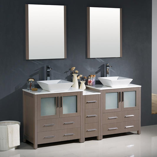 Fresca-Torino-72"-Gray-Oak-Modern-Double-Sink-Bathroom-Vanity-w/-Side-Cabinet-&-Vessel-Sinks-(FVN62-301230GO-VSL)