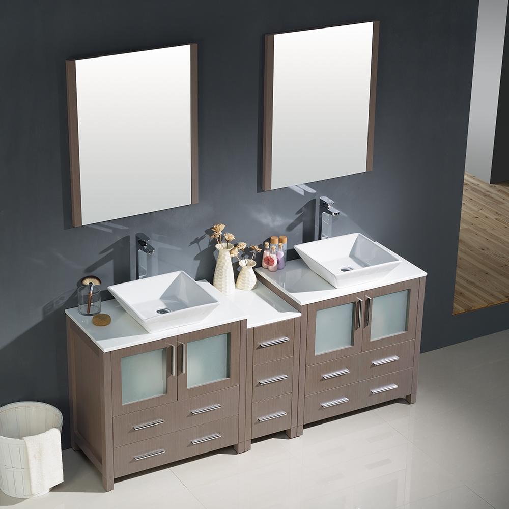 Fresca Torino 72" Gray Oak Modern Double Sink Bathroom Vanity w/ Side Cabinet & Vessel Sinks
