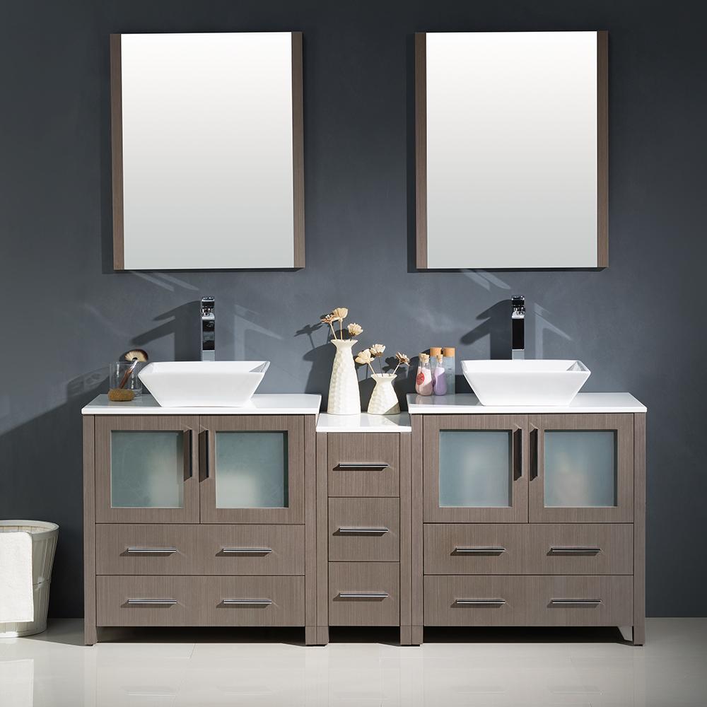 Fresca Torino 72" Gray Oak Modern Double Sink Bathroom Vanity w/ Side Cabinet & Vessel Sinks