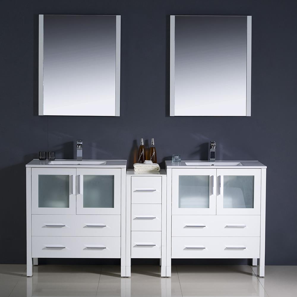 Fresca Torino 72" White Modern Double Sink Bathroom Vanity w/ Side Cabinet & Integrated Sinks