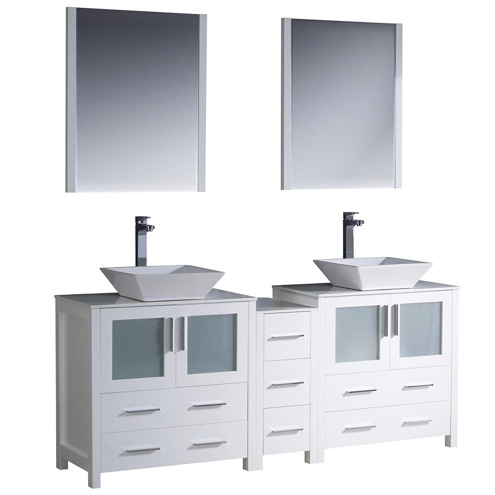 Fresca Torino 72" White Modern Double Sink Bathroom Vanity w/ Side Cabinet & Vessel Sinks