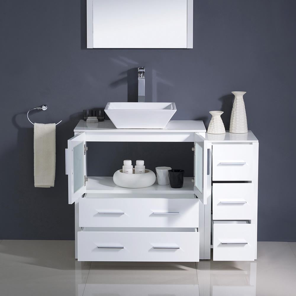 Fresca Torino 42" White Modern Bathroom Vanity w/ Side Cabinet & Vessel Sink