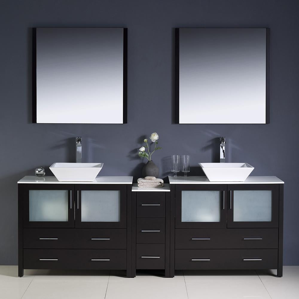 Fresca Torino 84" Espresso Modern Double Sink Bathroom Vanity w/ Side Cabinet & Vessel Sinks