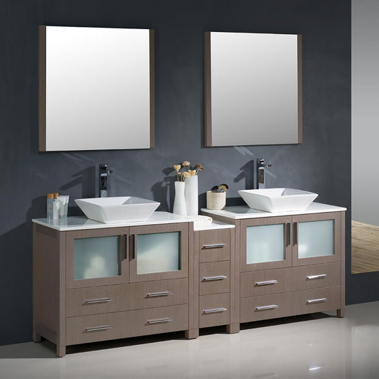 Fresca-Torino-84"-Gray-Oak-Modern-Double-Sink-Bathroom-Vanity-w/-Side-Cabinet-&-Vessel-Sinks-(FVN62-361236GO-VSL)