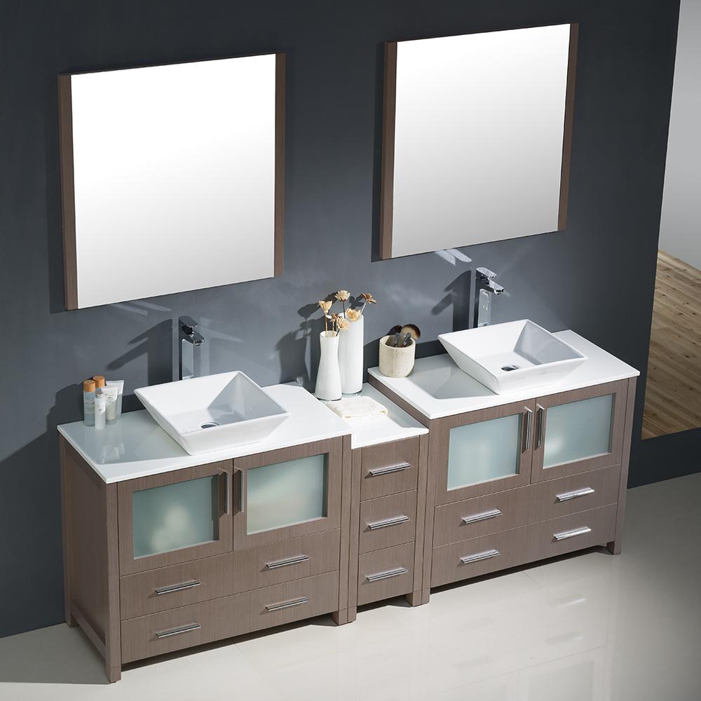 Fresca Torino 84" Gray Oak Modern Double Sink Bathroom Vanity w/ Side Cabinet & Vessel Sinks