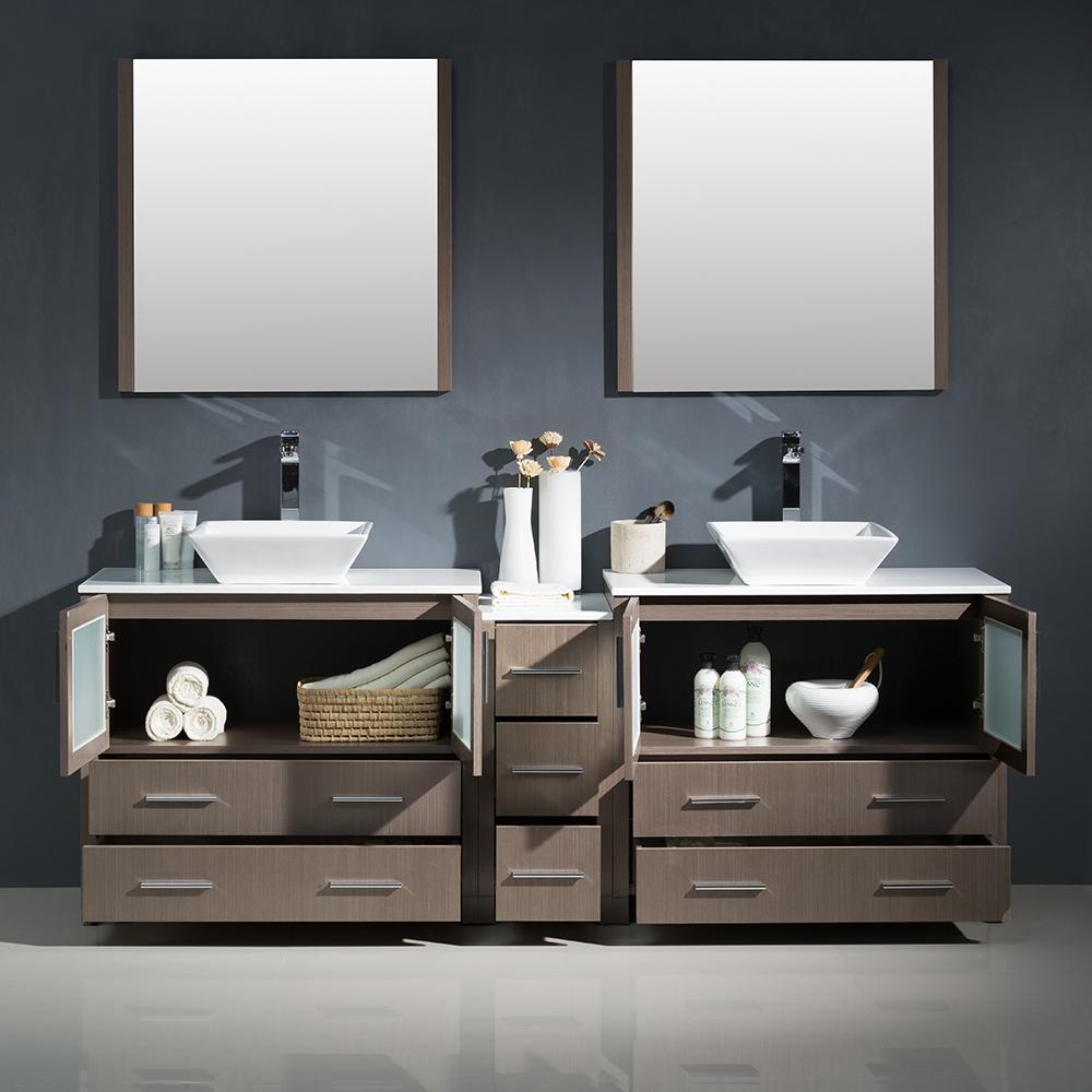 Fresca Torino 84" Gray Oak Modern Double Sink Bathroom Vanity w/ Side Cabinet & Vessel Sinks