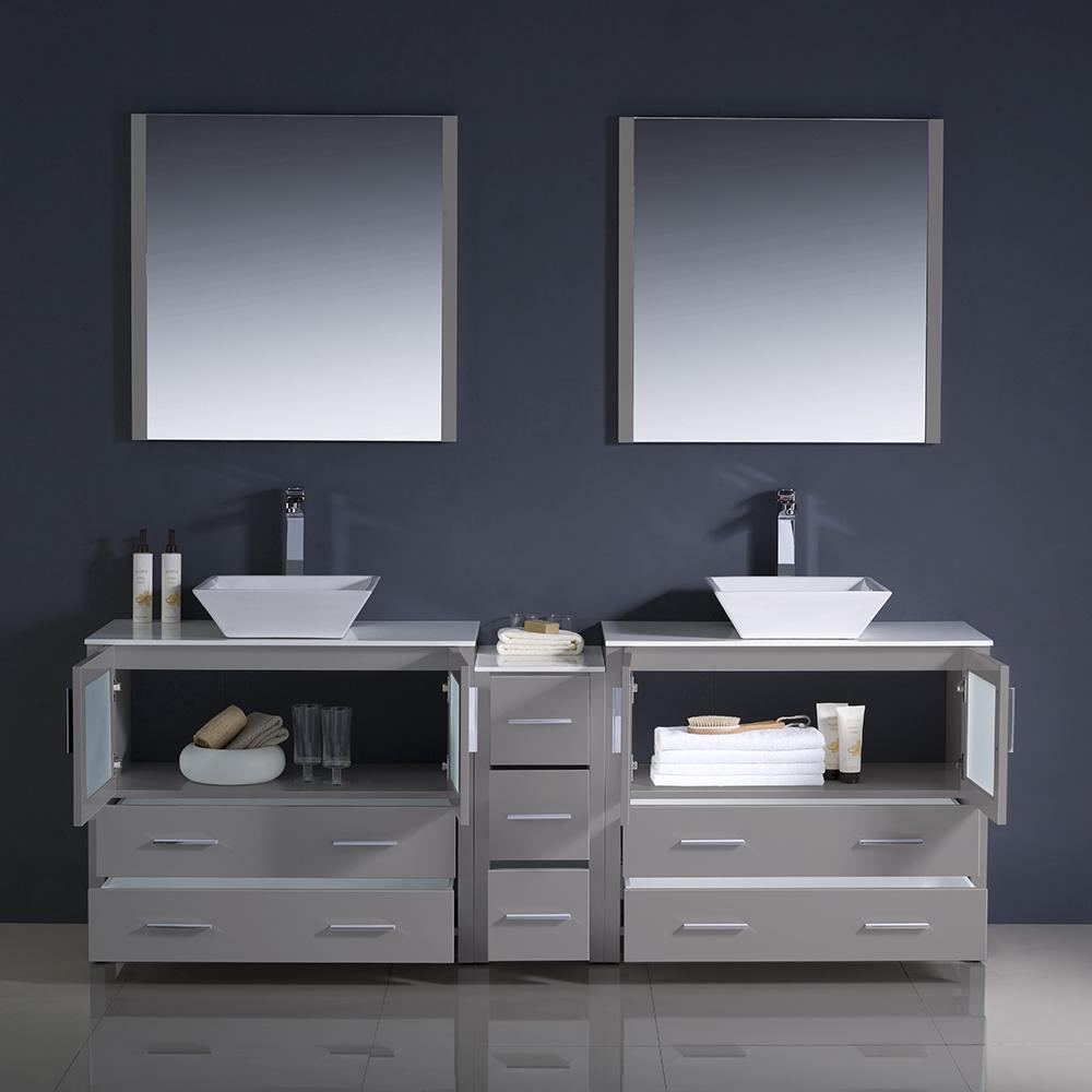 Fresca Torino 84" Gray Modern Double Sink Bathroom Vanity w/ Side Cabinet & Vessel Sinks