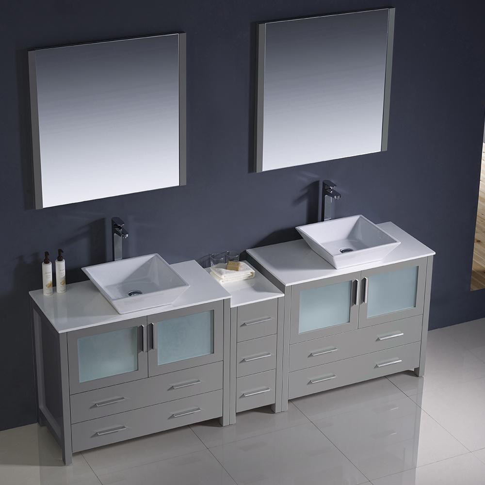 Fresca Torino 84" Gray Modern Double Sink Bathroom Vanity w/ Side Cabinet & Vessel Sinks