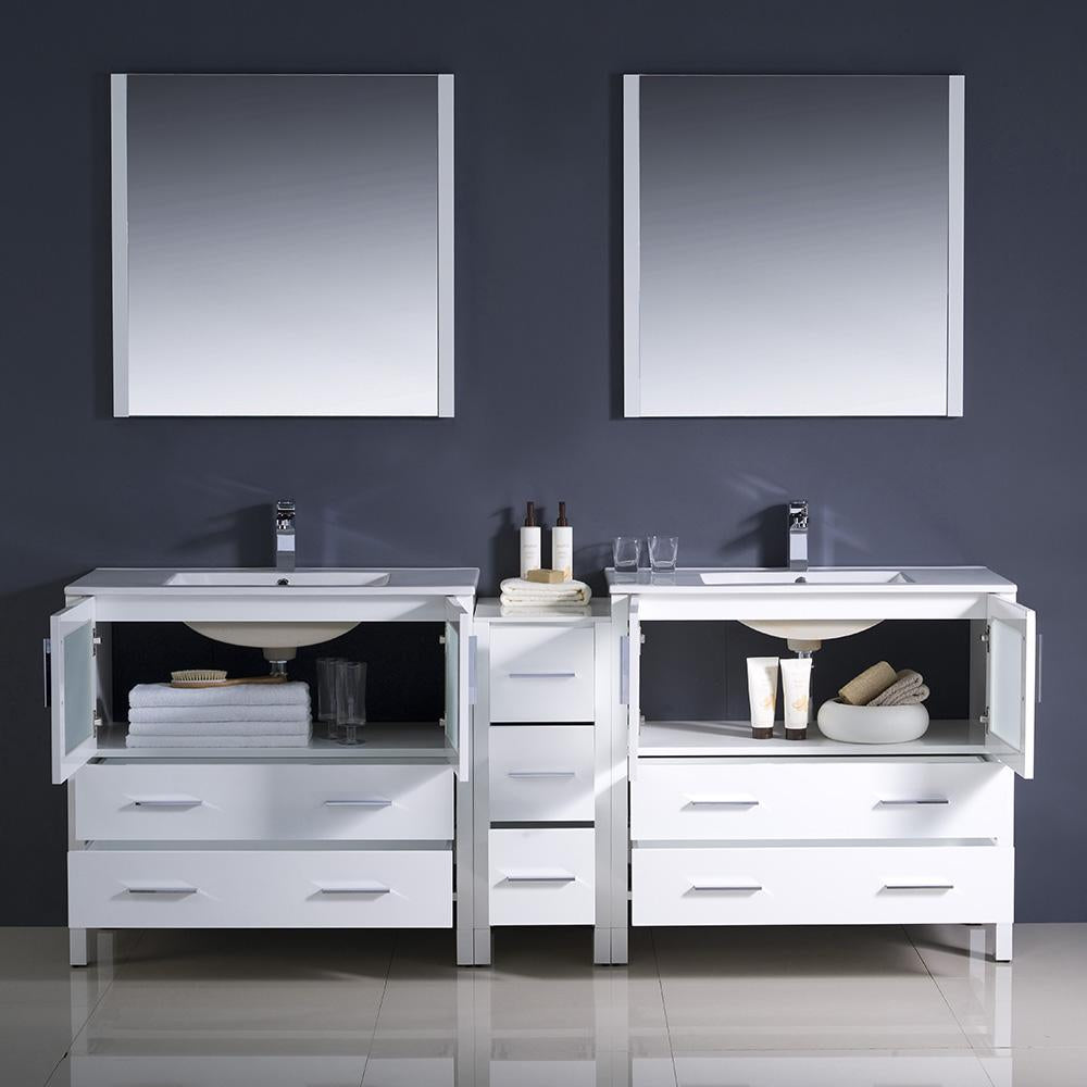 Fresca Torino 84" White Modern Double Sink Bathroom Vanity w/ Side Cabinet & Integrated Sinks