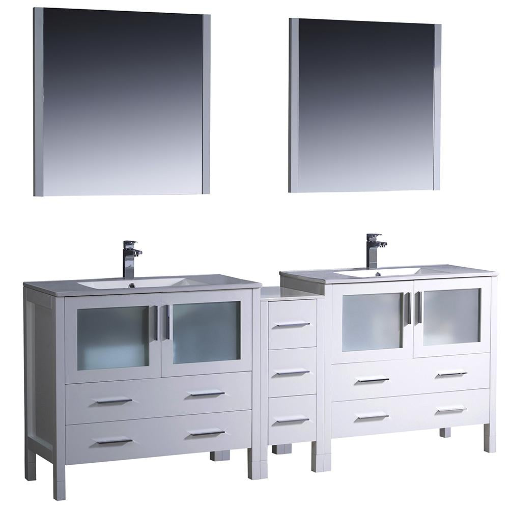 Fresca Torino 84" White Modern Double Sink Bathroom Vanity w/ Side Cabinet & Integrated Sinks