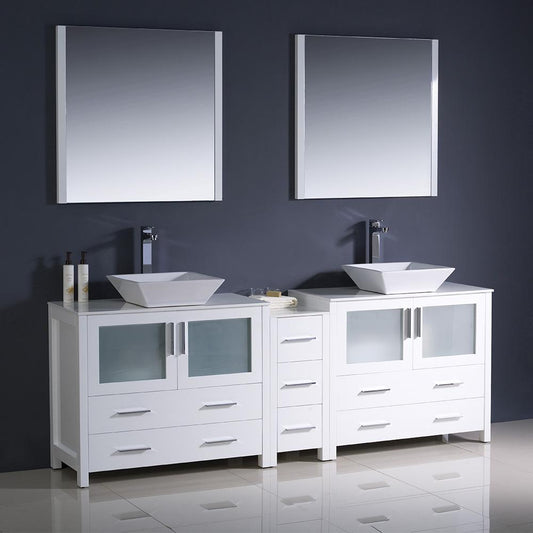 Fresca-Torino-84"-White-Modern-Double-Sink-Bathroom-Vanity-w/-Side-Cabinet-&-Vessel-Sinks-(FVN62-361236WH-VSL)