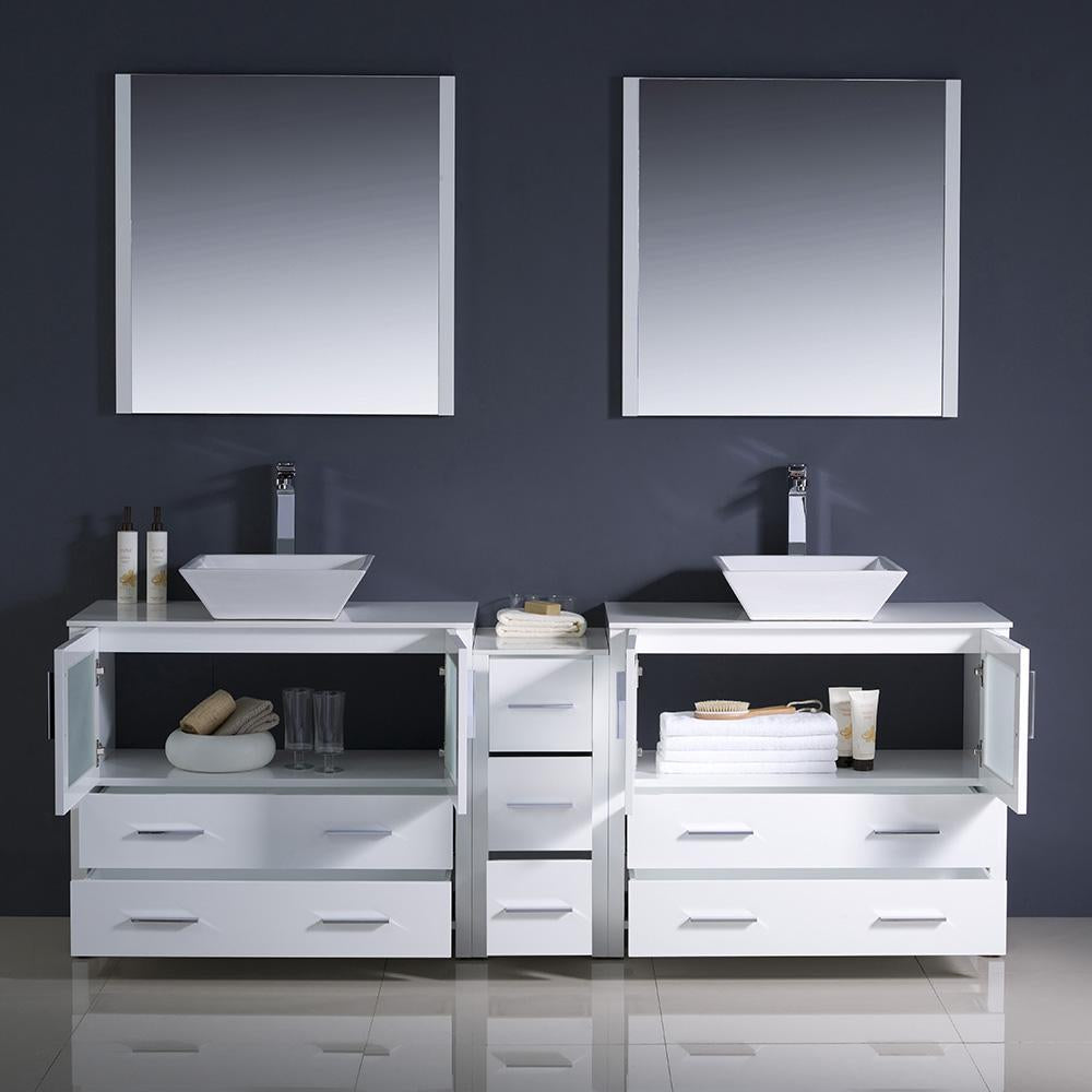 Fresca Torino 84" White Modern Double Sink Bathroom Vanity w/ Side Cabinet & Vessel Sinks