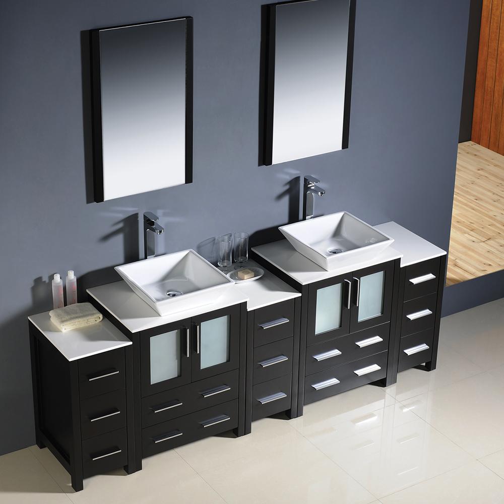 Fresca Torino 84" Espresso Modern Double Sink Bathroom Vanity w/ 3 Side Cabinets & Vessel Sinks