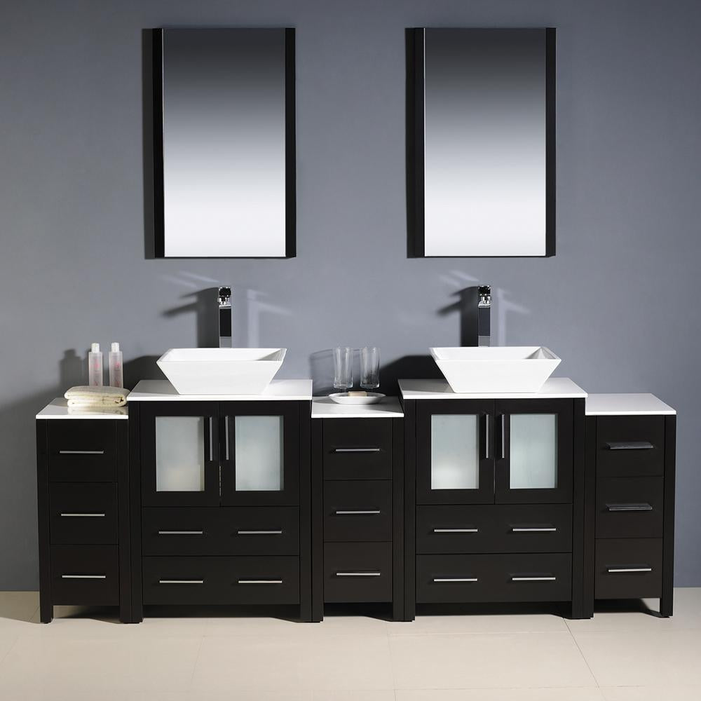 Fresca Torino 84" Espresso Modern Double Sink Bathroom Vanity w/ 3 Side Cabinets & Vessel Sinks