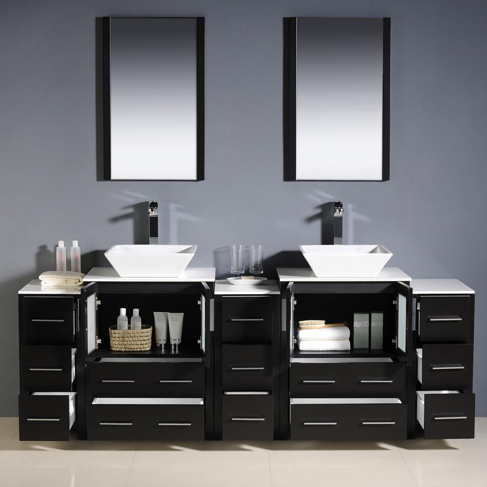 Fresca Torino 84" Espresso Modern Double Sink Bathroom Vanity w/ 3 Side Cabinets & Vessel Sinks