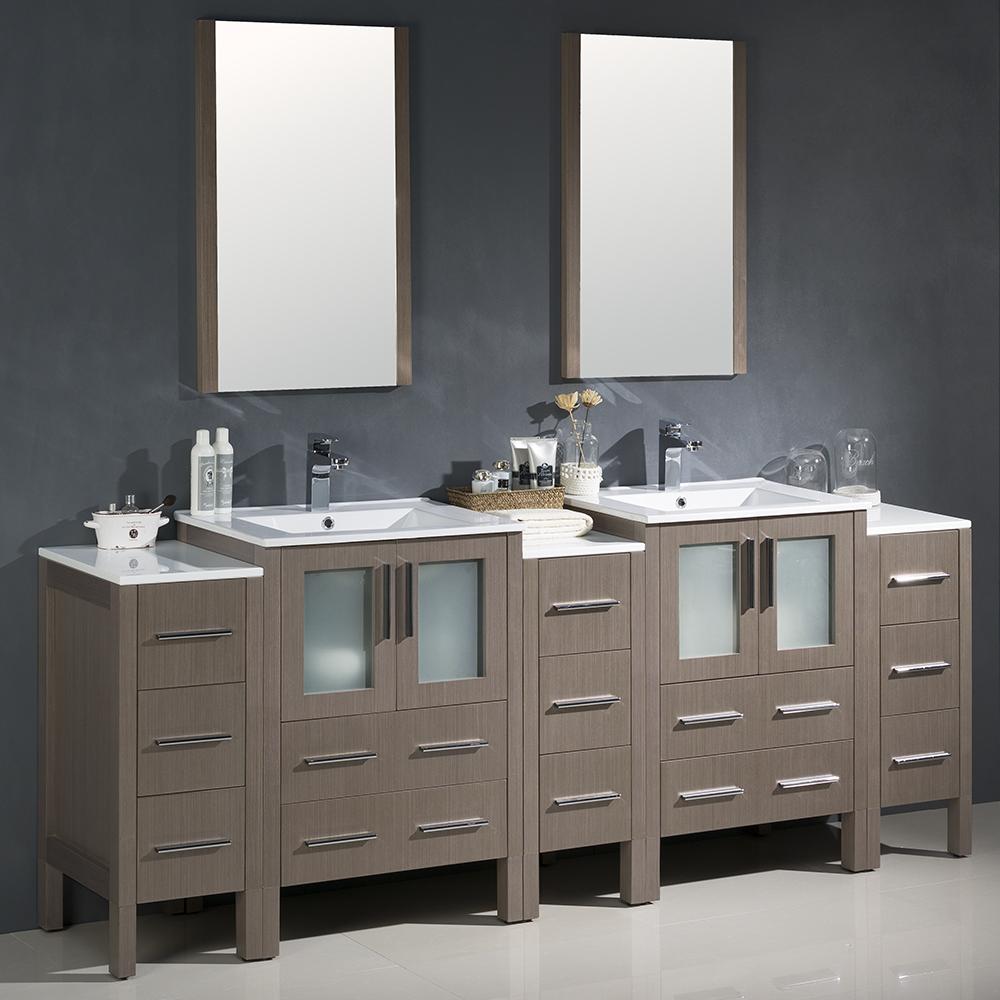 Fresca-Torino-84"-Gray-Oak-Modern-Double-Sink-Bathroom-Vanity-w/-3-Side-Cabinets-&-Integrated-Sinks-(FVN62-72GO-UNS)