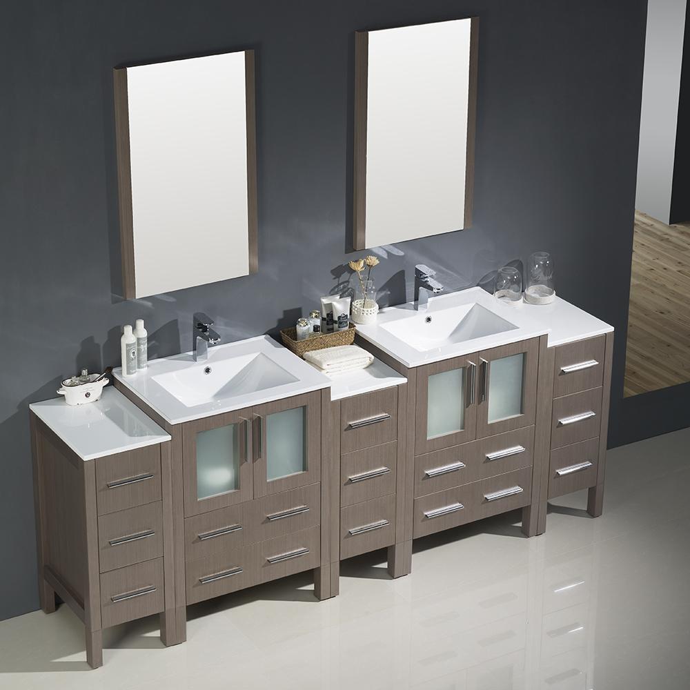 Fresca Torino 84" Gray Oak Modern Double Sink Bathroom Vanity w/ 3 Side Cabinets & Integrated Sinks