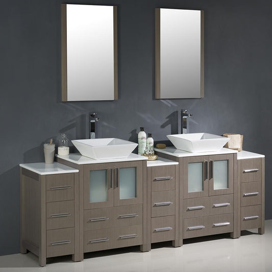 Fresca-Torino-84"-Gray-Oak-Modern-Double-Sink-Bathroom-Vanity-w/-3-Side-Cabinets-&-Vessel-Sinks-(FVN62-72GO-VSL)