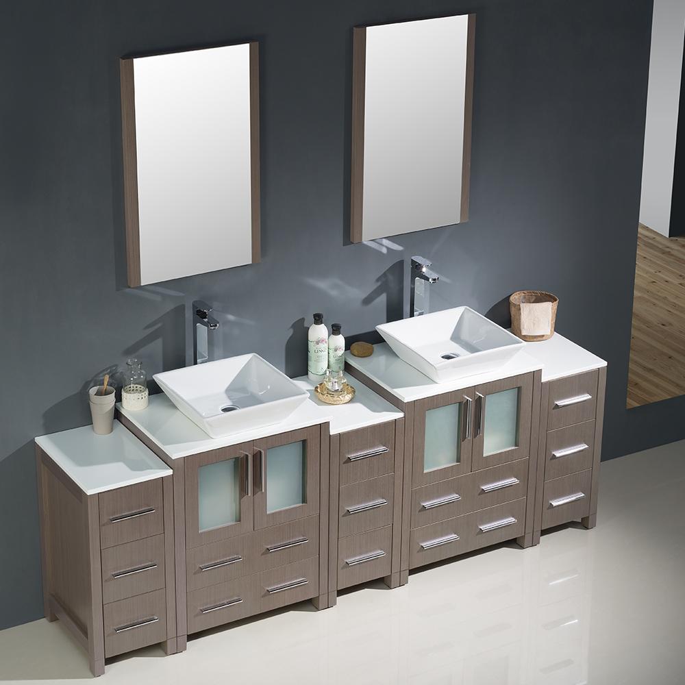 Fresca Torino 84" Gray Oak Modern Double Sink Bathroom Vanity w/ 3 Side Cabinets & Vessel Sinks
