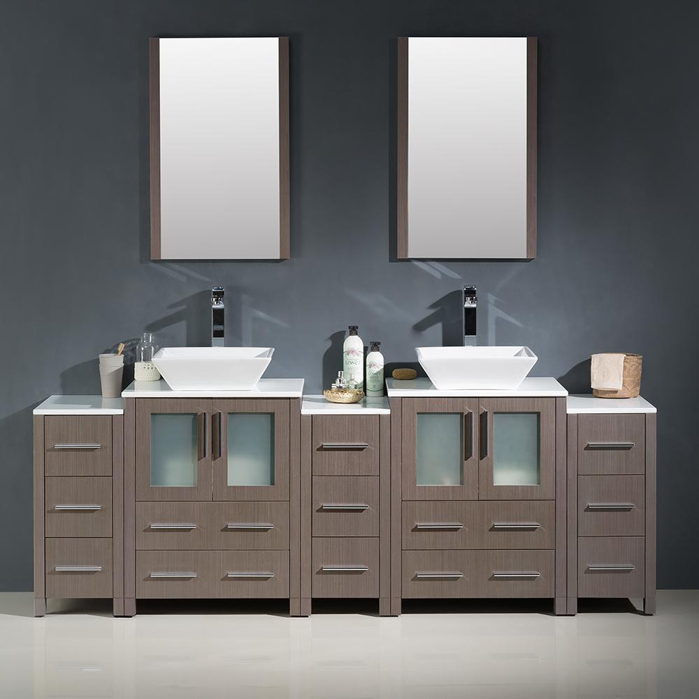 Fresca Torino 84" Gray Oak Modern Double Sink Bathroom Vanity w/ 3 Side Cabinets & Vessel Sinks