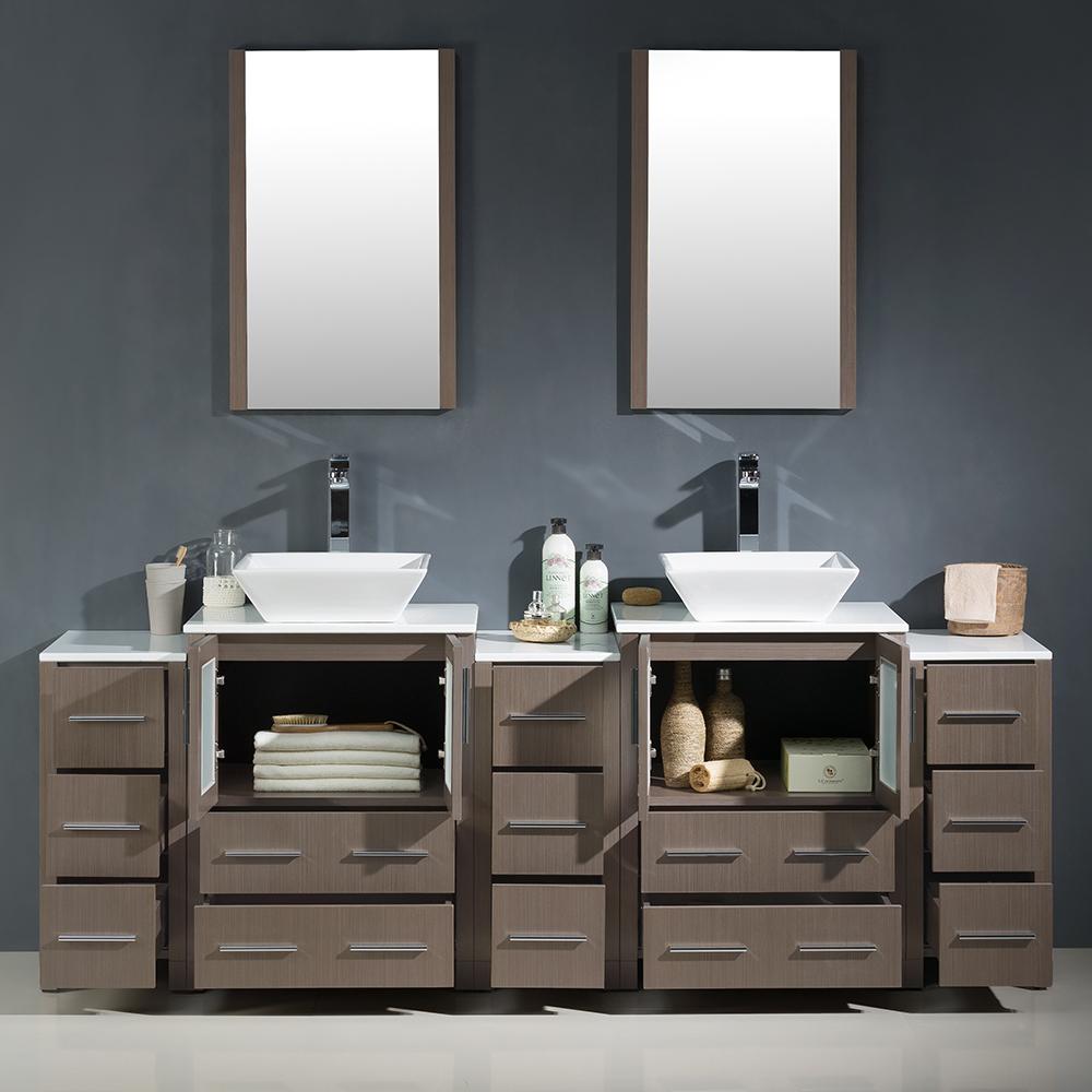 Fresca Torino 84" Gray Oak Modern Double Sink Bathroom Vanity w/ 3 Side Cabinets & Vessel Sinks