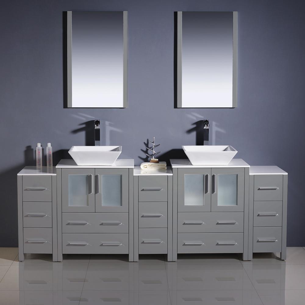 Fresca Torino 84" Gray Modern Double Sink Bathroom Vanity w/ 3 Side Cabinets & Vessel Sinks