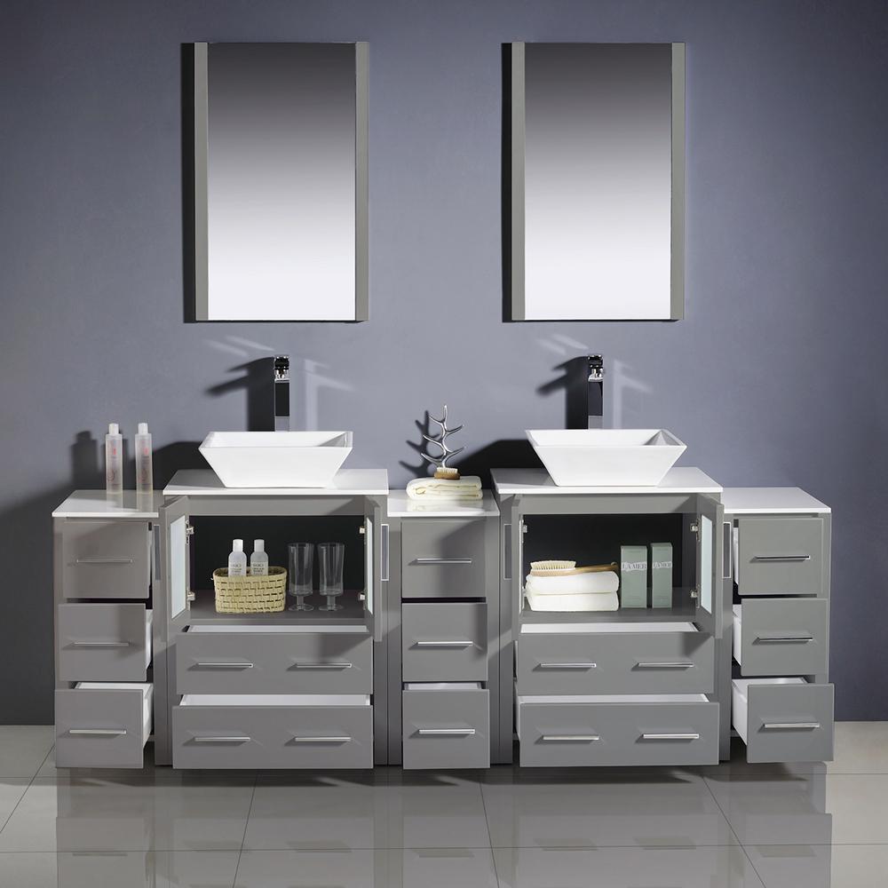 Fresca Torino 84" Gray Modern Double Sink Bathroom Vanity w/ 3 Side Cabinets & Vessel Sinks