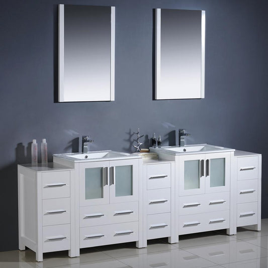 Fresca-Torino-84"-White-Modern-Double-Sink-Bathroom-Vanity-w/-3-Side-Cabinets-&-Integrated-Sinks-(FVN62-72WH-UNS)