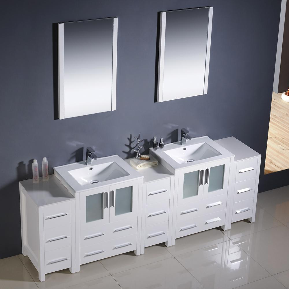 Fresca Torino 84" White Modern Double Sink Bathroom Vanity w/ 3 Side Cabinets & Integrated Sinks