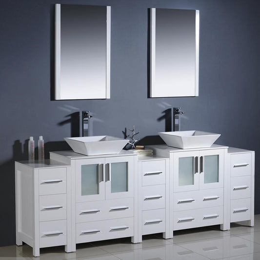 Fresca-Torino-84"-White-Modern-Double-Sink-Bathroom-Vanity-w/-3-Side-Cabinets-&-Vessel-Sinks-(FVN62-72WH-VSL)