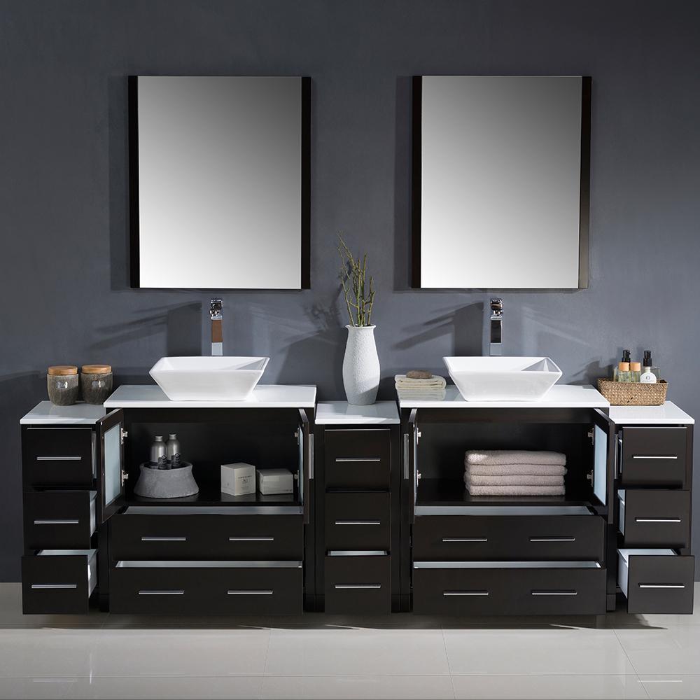 Fresca Torino 96" Espresso Modern Double Sink Bathroom Vanity w/ 3 Side Cabinets & Vessel Sinks