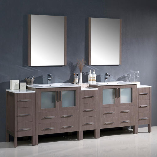 Fresca-Torino-96"-Gray-Oak-Modern-Double-Sink-Bathroom-Vanity-w/-3-Side-Cabinets-&-Integrated-Sinks-(FVN62-96GO-UNS)