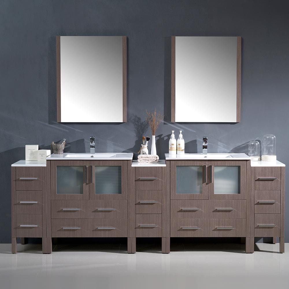 Fresca Torino 96" Gray Oak Modern Double Sink Bathroom Vanity w/ 3 Side Cabinets & Integrated Sinks
