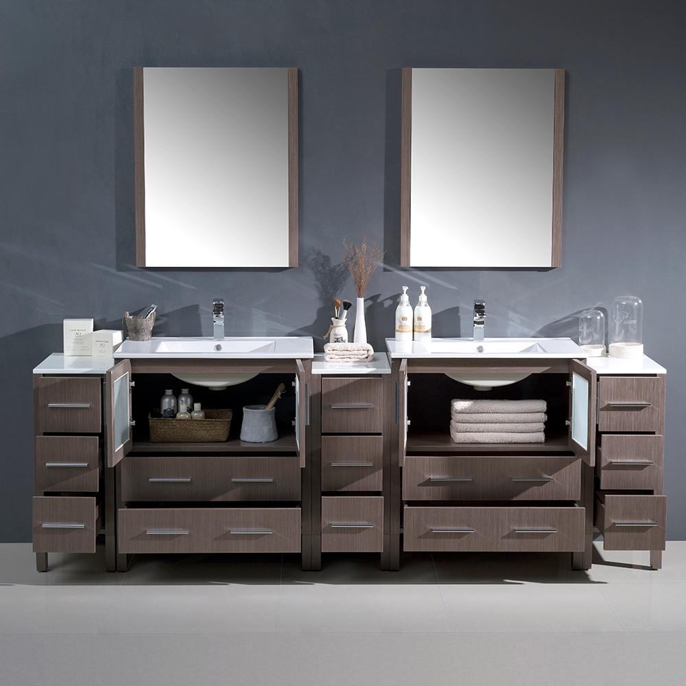 Fresca Torino 96" Gray Oak Modern Double Sink Bathroom Vanity w/ 3 Side Cabinets & Integrated Sinks