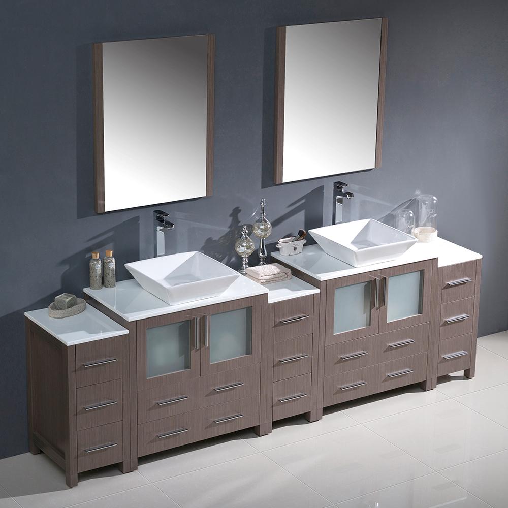 Fresca Torino 96" Gray Oak Modern Double Sink Bathroom Vanity w/ 3 Side Cabinets & Vessel Sinks