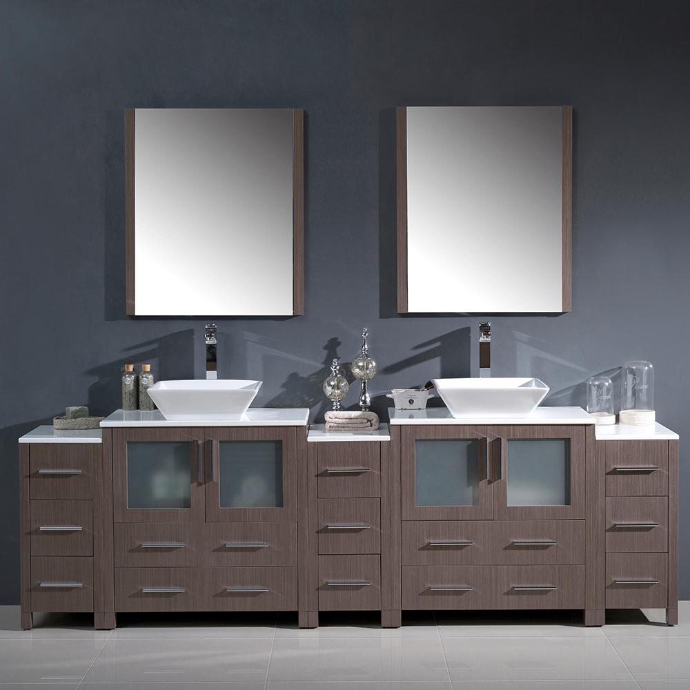 Fresca Torino 96" Gray Oak Modern Double Sink Bathroom Vanity w/ 3 Side Cabinets & Vessel Sinks
