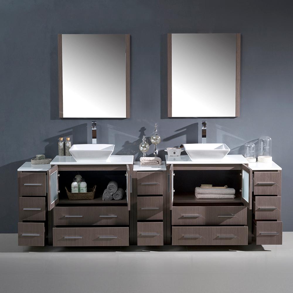 Fresca Torino 96" Gray Oak Modern Double Sink Bathroom Vanity w/ 3 Side Cabinets & Vessel Sinks