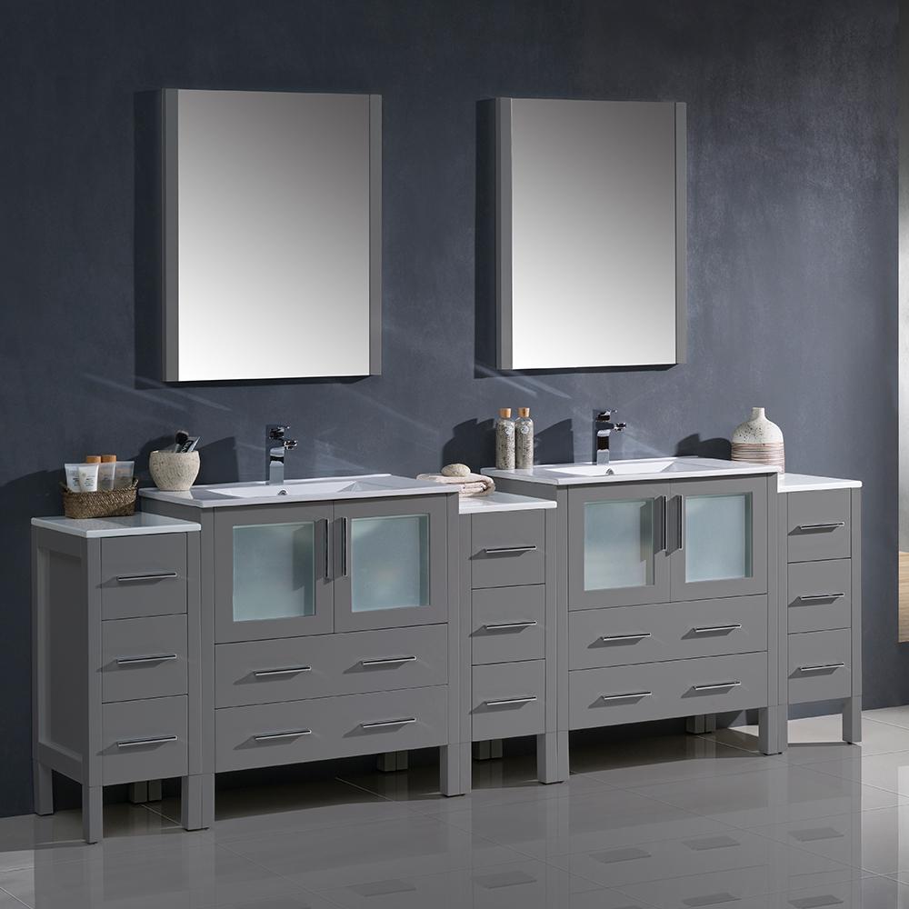 Fresca-Torino-96"-Gray-Modern-Double-Sink-Bathroom-Vanity-w/-3-Side-Cabinets-&-Integrated-Sinks-(FVN62-96GR-UNS)