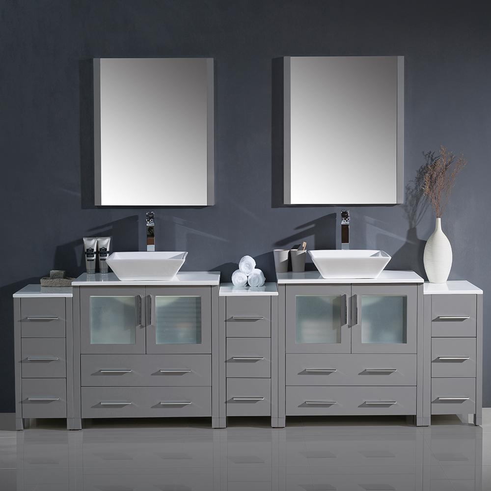 Fresca Torino 96" Gray Modern Double Sink Bathroom Vanity w/ 3 Side Cabinets & Vessel Sinks