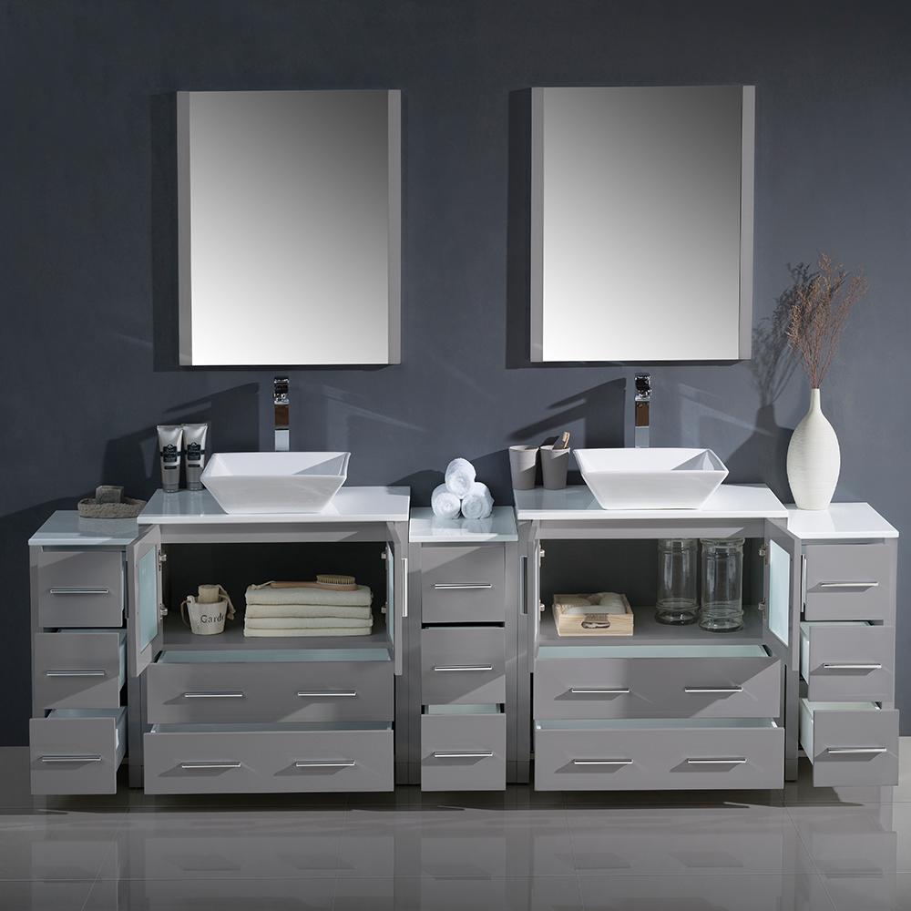 Fresca Torino 96" Gray Modern Double Sink Bathroom Vanity w/ 3 Side Cabinets & Vessel Sinks